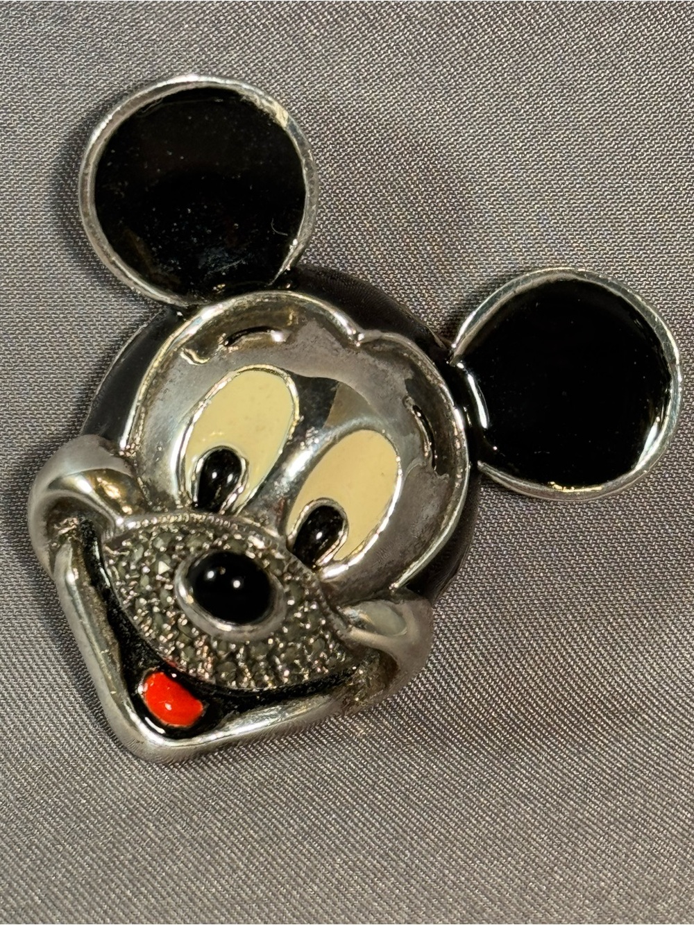 Sterling silver and enamelMickey Mouse Face Pin - Silver & Black with Marcasite